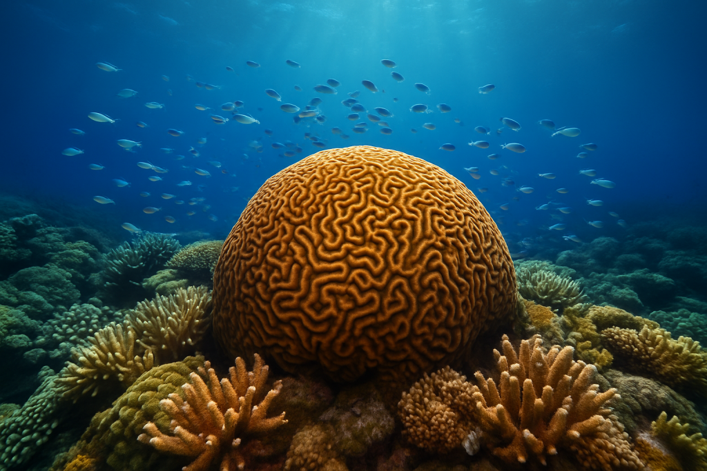Arrecife de coral iluminado bajo el mar, fuente natural del oxígeno planetario
