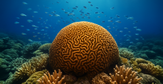 Arrecife de coral iluminado bajo el mar, fuente natural del oxígeno planetario