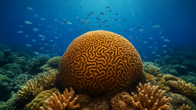 Arrecife de coral iluminado bajo el mar, fuente natural del oxígeno planetario