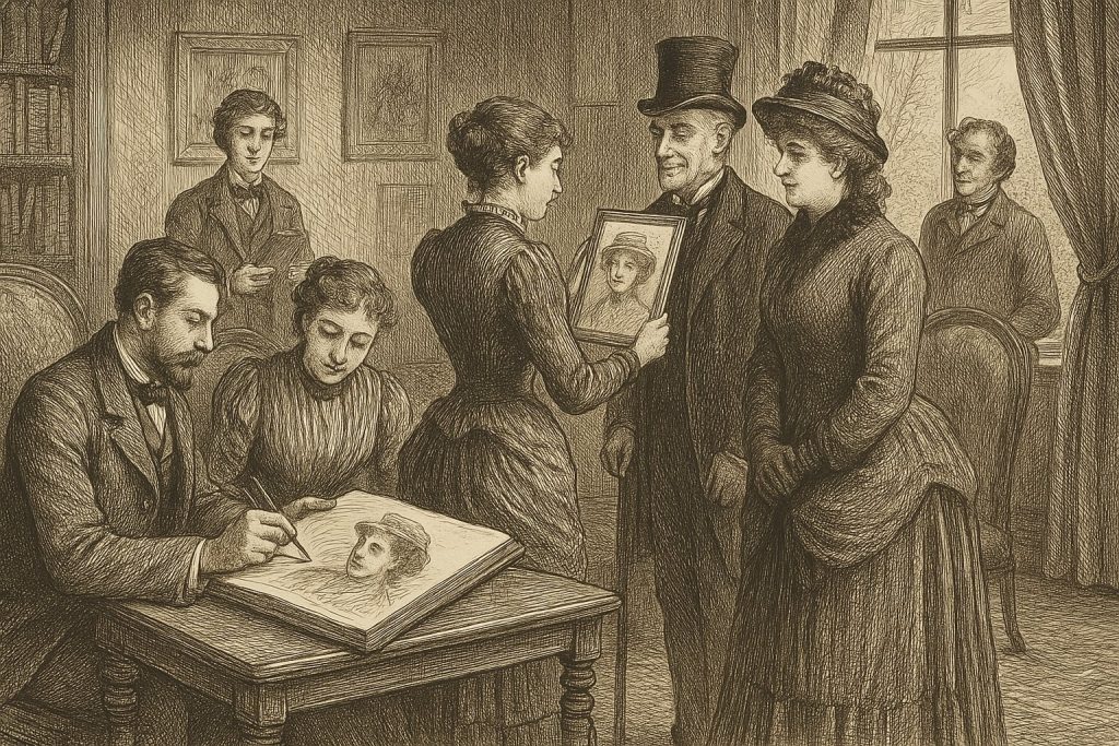 Ilustración victoriana de una sala con personas dibujando retratos en un libro de caras, precursor analógico de Facebook en 1902.