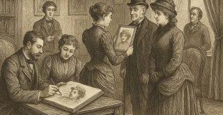 Ilustración victoriana de una sala con personas dibujando retratos en un libro de caras, precursor analógico de Facebook en 1902.