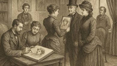 Ilustración victoriana de una sala con personas dibujando retratos en un libro de caras, precursor analógico de Facebook en 1902.