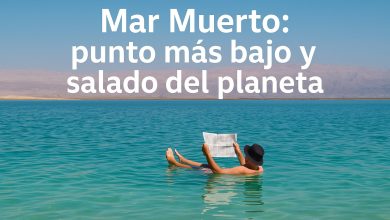Persona flotando en el Mar Muerto leyendo un periódico, con agua turquesa y formaciones salinas al fondo