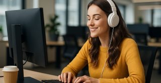 Mujer sonriente con auriculares trabajando concentrada frente a un ordenador en una oficina moderna