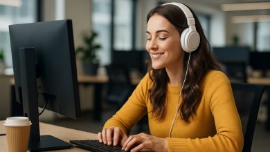 Mujer sonriente con auriculares trabajando concentrada frente a un ordenador en una oficina moderna