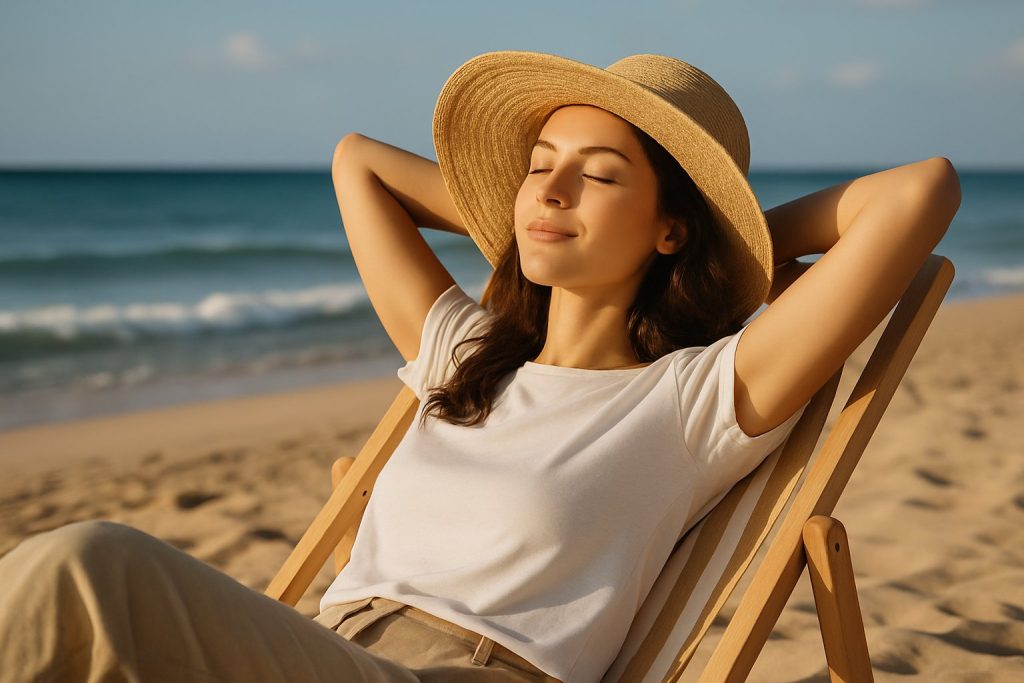 Mujer relajada disfrutando del sol en la playa, símbolo de descanso y tiempo para no hacer nada