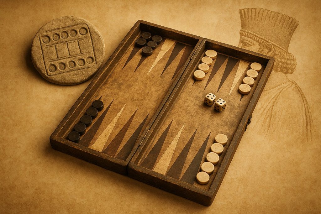 Tablero antiguo de Backgammon junto a artefacto sumerio y figura persa, ilustrando el origen histórico del juego de mesa más antiguo del mundo