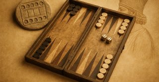 Tablero antiguo de Backgammon junto a artefacto sumerio y figura persa, ilustrando el origen histórico del juego de mesa más antiguo del mundo