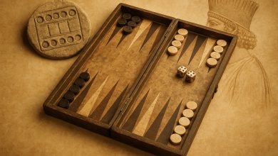 Tablero antiguo de Backgammon junto a artefacto sumerio y figura persa, ilustrando el origen histórico del juego de mesa más antiguo del mundo