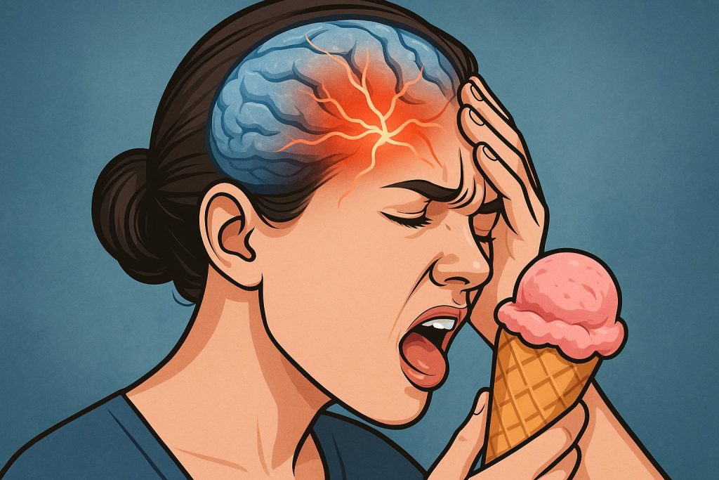 Mujer con dolor de cabeza por comer helado, ilustración del nervio trigémino activado por el frío