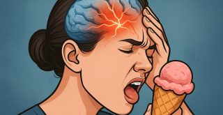 Mujer con dolor de cabeza por comer helado, ilustración del nervio trigémino activado por el frío