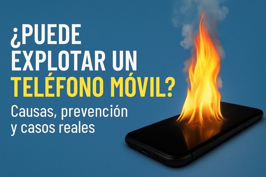 Ilustración de un teléfono móvil en llamas con texto informativo sobre causas, prevención y casos reales de explosiones