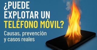 Ilustración de un teléfono móvil en llamas con texto informativo sobre causas, prevención y casos reales de explosiones
