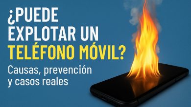 Ilustración de un teléfono móvil en llamas con texto informativo sobre causas, prevención y casos reales de explosiones