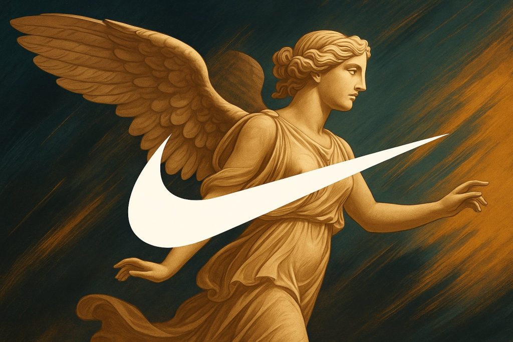 Ilustración digital estilizada de la diosa griega Niké con el logo Nike Swoosh, simbolizando la inspiración del diseño y el espíritu de la victoria.