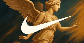 Ilustración digital estilizada de la diosa griega Niké con el logo Nike Swoosh, simbolizando la inspiración del diseño y el espíritu de la victoria.