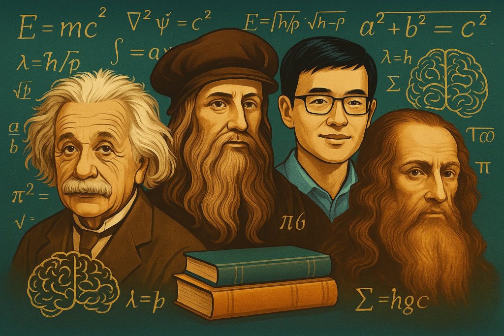 Ilustración digital que muestra retratos estilizados de personas inteligentes famosas como Einstein, Da Vinci y matemáticos modernos con fórmulas y símbolos matemáticos de fondo.
