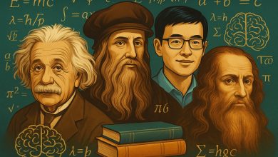 Ilustración digital que muestra retratos estilizados de personas inteligentes famosas como Einstein, Da Vinci y matemáticos modernos con fórmulas y símbolos matemáticos de fondo.