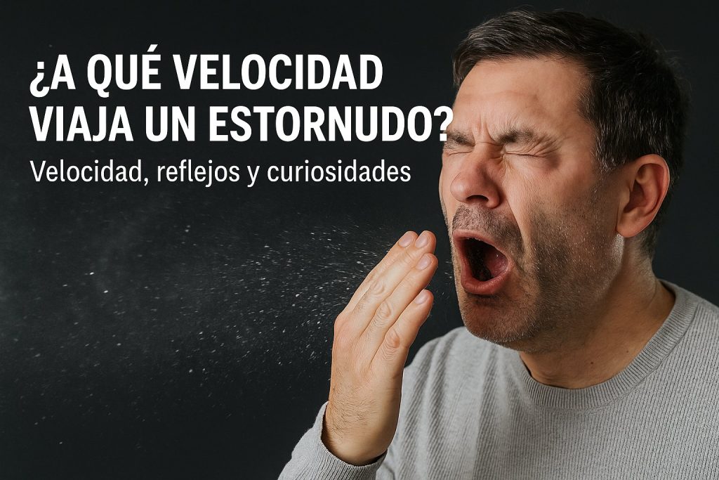 Hombre estornudando con gotas en el aire y texto sobre la velocidad del estornudo y sus curiosidades