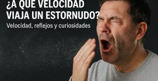 Hombre estornudando con gotas en el aire y texto sobre la velocidad del estornudo y sus curiosidades