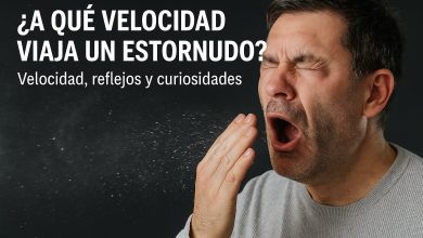 Hombre estornudando con gotas en el aire y texto sobre la velocidad del estornudo y sus curiosidades