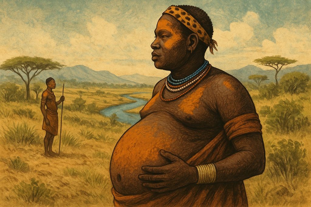 Ilustración de un hombre de la tribu Bodi en Etiopía participando en el ritual Ka’el, con el paisaje del valle del Omo al fondo