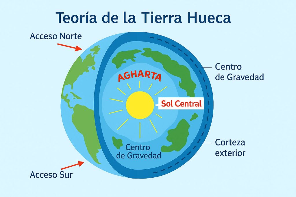 Diagrama del comportamiento de una brújula cerca de la abertura polar según la teoría de la Tierra Hueca