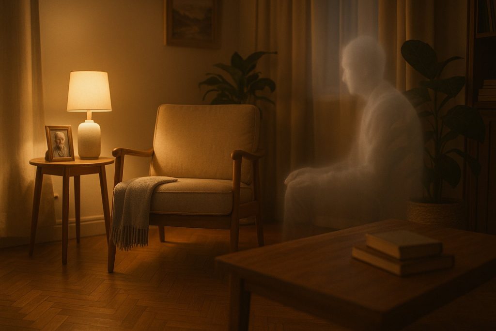 Figura luminosa sentada junto a una butaca en una sala acogedora, representando la presencia sutil de un ser querido fallecido.