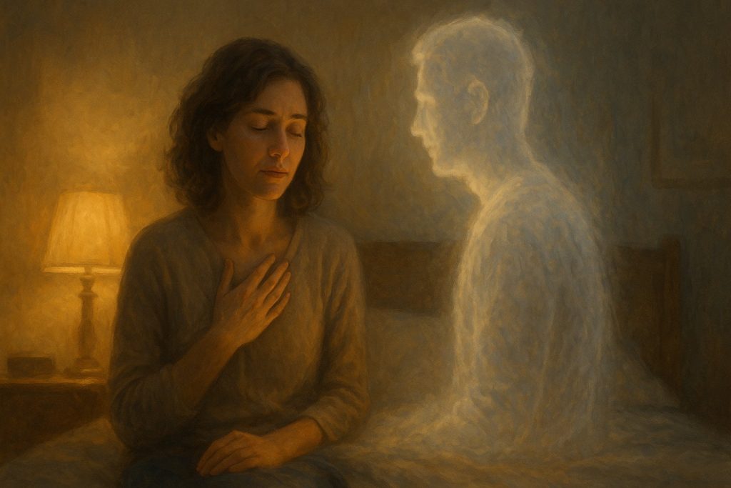 Mujer sintiendo la presencia de un ser querido fallecido en una habitación cálida y tranquila, rodeada de luz suave.