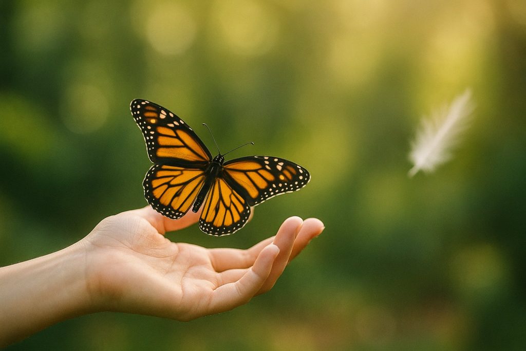 Mano sosteniendo una mariposa monarca con una pluma flotando al fondo, símbolo de una señal del más allá.