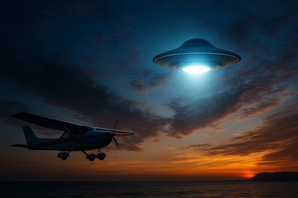 Avioneta Cessna volando sobre el océano bajo un cielo estrellado, con una luz misteriosa sobre ella simbolizando el caso Valentich