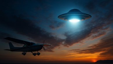 Avioneta Cessna volando sobre el océano bajo un cielo estrellado, con una luz misteriosa sobre ella simbolizando el caso Valentich