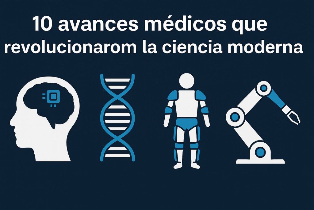 Infografía con avances médicos como chip cerebral, ADN, exoesqueleto y brazo robótico sobre fondo azul oscuro.