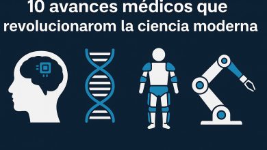 Infografía con avances médicos como chip cerebral, ADN, exoesqueleto y brazo robótico sobre fondo azul oscuro.