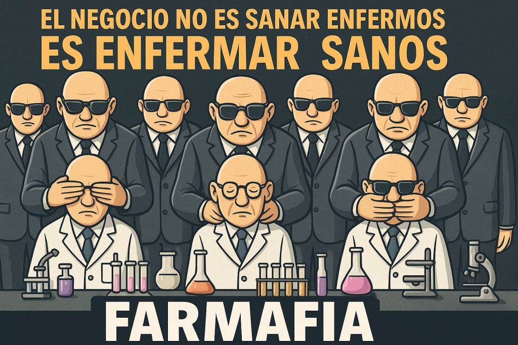 Ilustración satírica que representa el control de la industria farmacéutica sobre la salud y la manipulación de científicos.