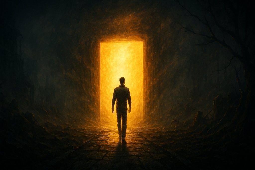 Figura solitaria caminando hacia una puerta de luz en un paisaje oscuro, simbolizando el despertar y la salida del sistema.