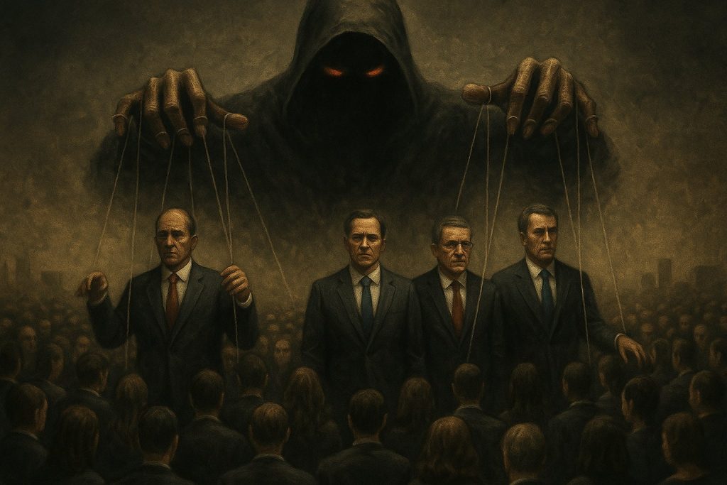 Políticos trajeados manipulados por una figura oscura mientras una multitud hipnotizada los observa, simbolizando el control oculto sobre líderes y masas.