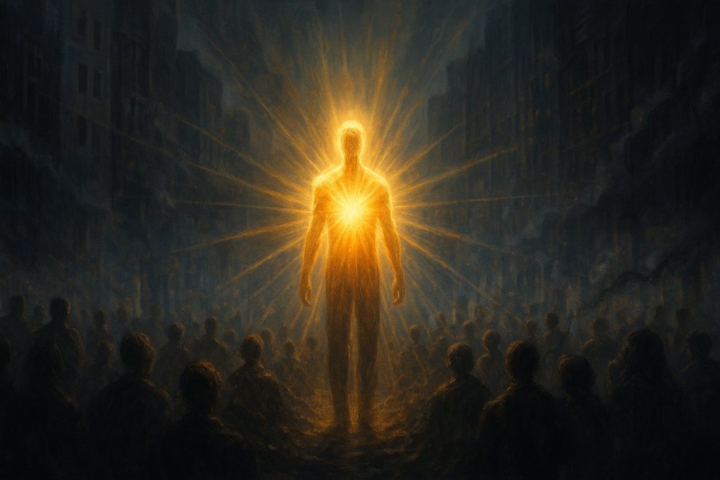 Rael Figura humana irradiando luz dorada en medio de una ciudad oscura y masas dormidas, simbolizando el despertar de la consciencia.