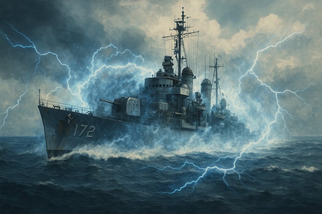 USS Eldridge envuelto en niebla eléctrica durante el supuesto Experimento Filadelfia en 1943