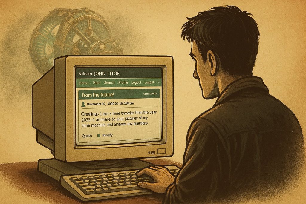Ilustración de John Titor escribiendo en foros desde un viejo ordenador, con su supuesta máquina del tiempo al fondo, símbolo del misterio que lo rodea.