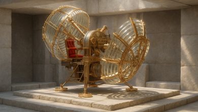 Representación artística de una máquina del tiempo en estilo steampunk, símbolo de los viajes en el tiempo, multiversos y misterios sin resolver.