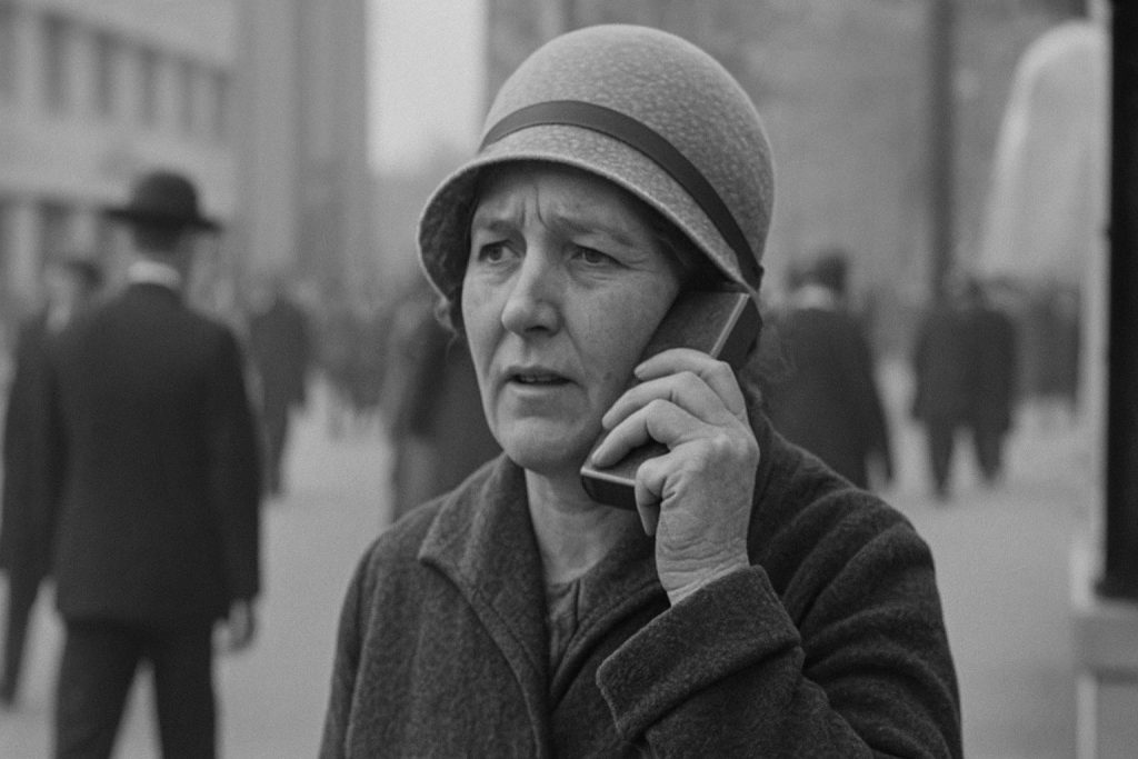 Fotografía en blanco y negro de una mujer en 1928 sosteniendo un objeto similar a un teléfono móvil, posible anomalía temporal