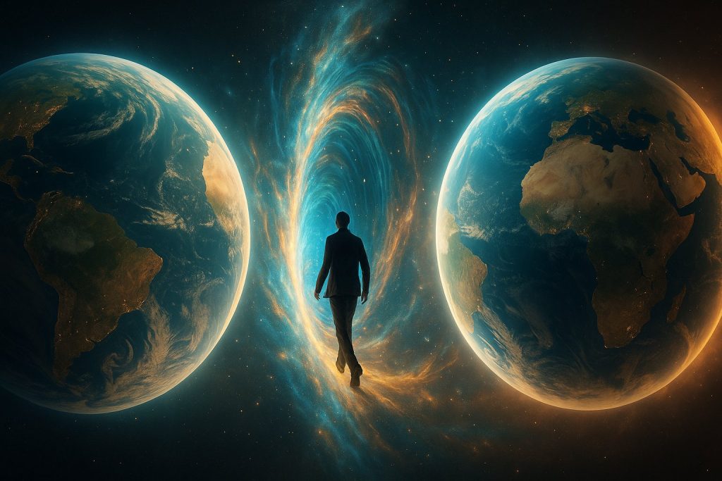 Ilustración de un viajero cruzando un portal entre universos paralelos, representando la teoría de realidades múltiples y saltos dimensionales.