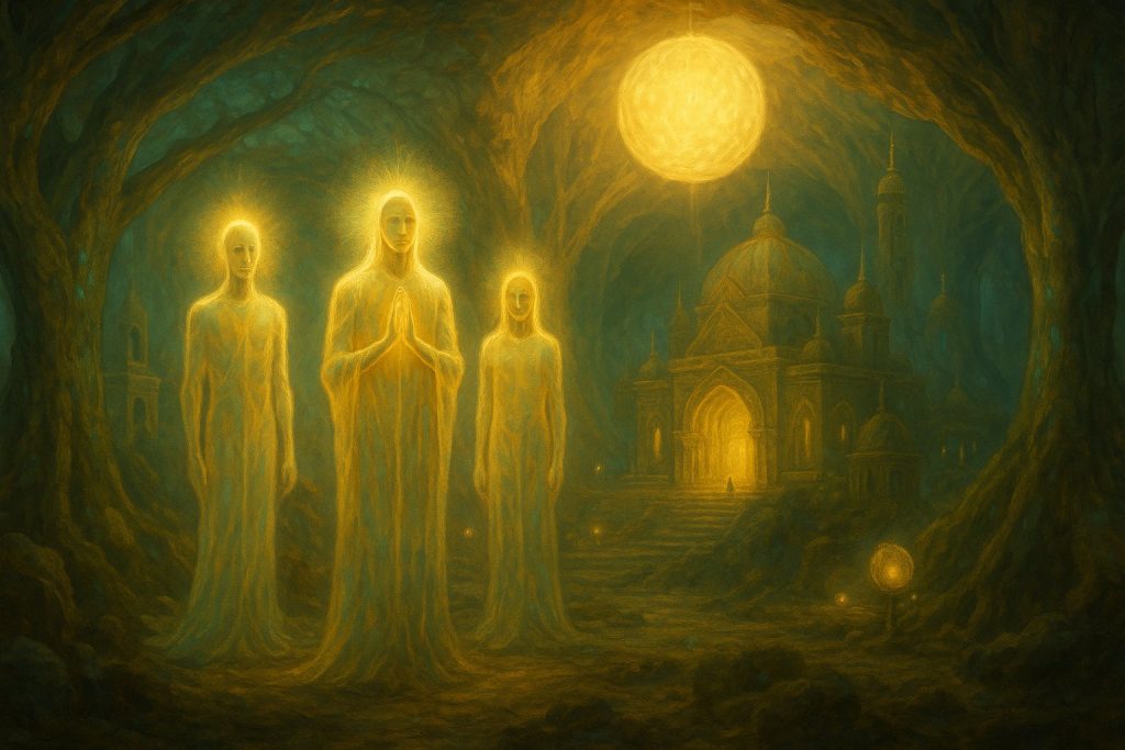 Representación artística de civilizaciones intraterrenas: seres de luz, arquitectura viva y entorno vibracional