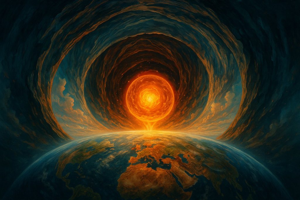El núcleo de la Tierra representado como un corazón vivo y consciente que irradia energía