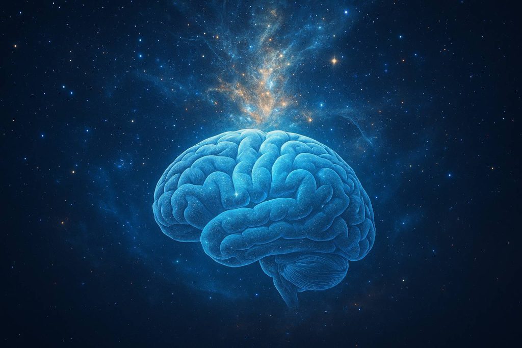 Ilustración de un cerebro conectado al cosmos, representando la consciencia universal más allá del cuerpo.