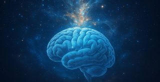 Ilustración de un cerebro conectado al cosmos, representando la consciencia universal más allá del cuerpo.