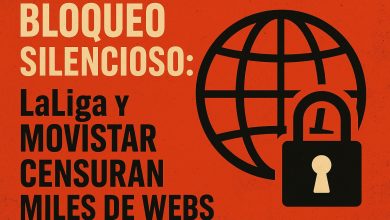 Ilustración crítica que denuncia la censura digital en España por parte de LaLiga y Movistar, afectando miles de webs legítimas mediante bloqueos de IP
