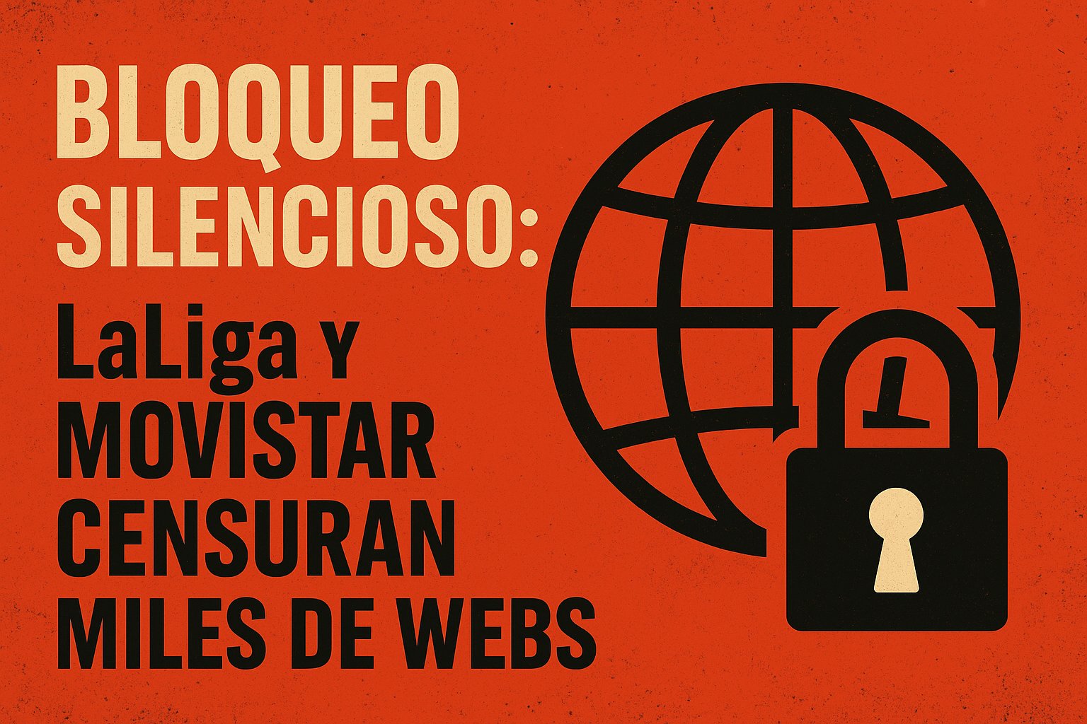 Ilustración crítica que denuncia la censura digital en España por parte de LaLiga y Movistar, afectando miles de webs legítimas mediante bloqueos de IP