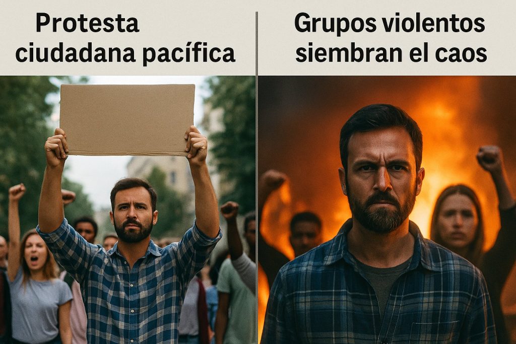 Comparación de titulares manipulados: la misma protesta presentada como pacífica o violenta según el sesgo informativo del medio.